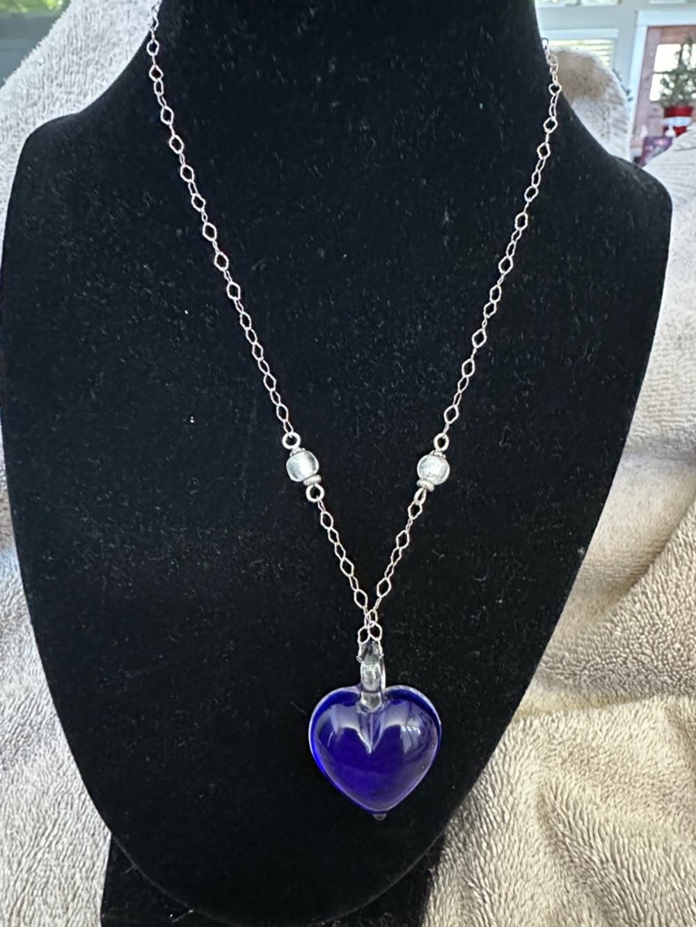 SOLD Milros Blue Murano Glass Foil Heart Pendant Necklace 14K White Gold Chain - Picture 3 of 13